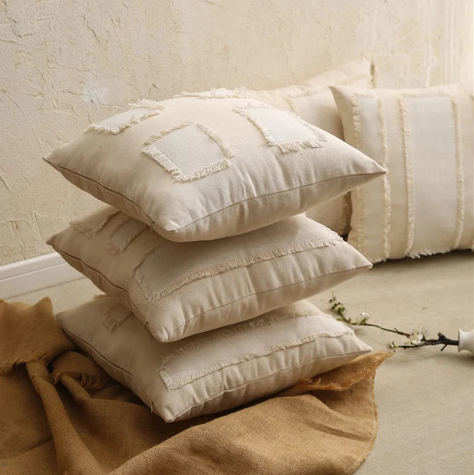 Pillow Cover Linen-Blend Fringed Patchwork Concealed Zipper