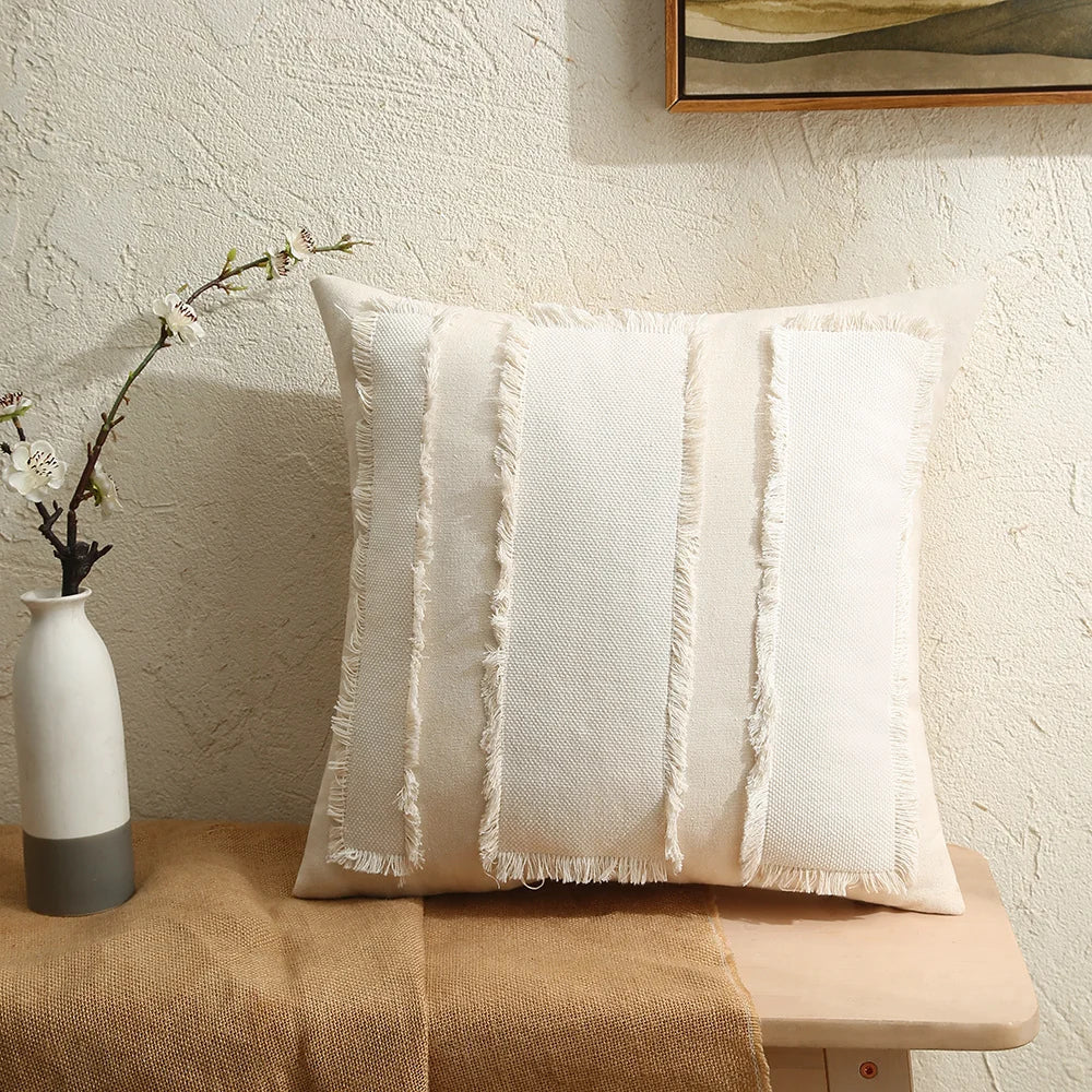 Pillow Cover Linen-Blend Fringed Patchwork Concealed Zipper