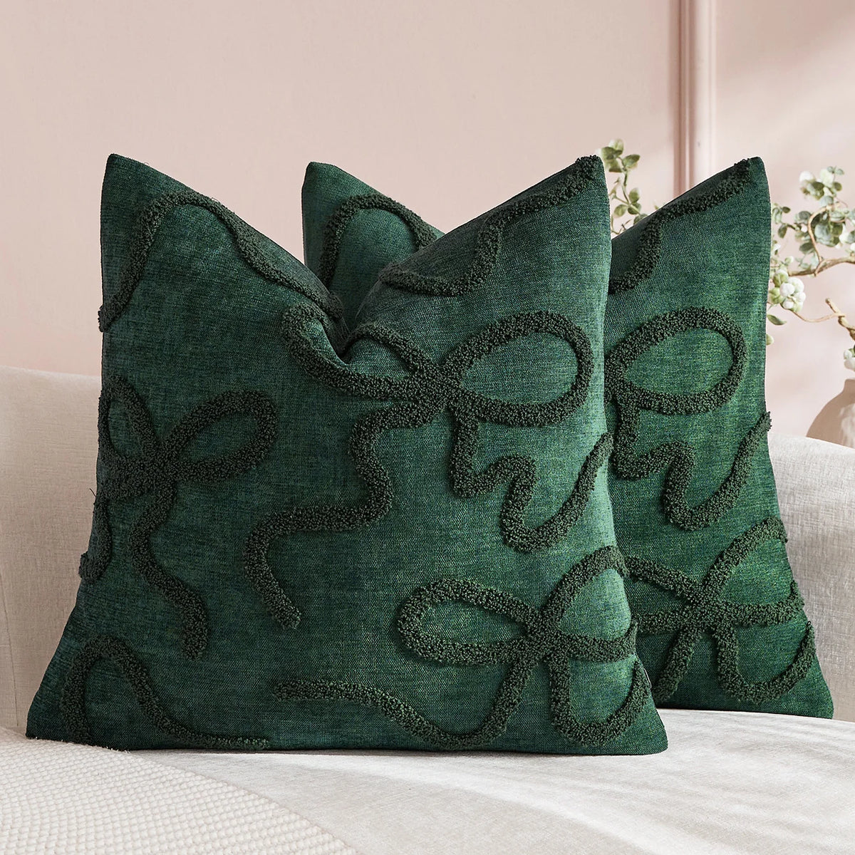 Pillow Cover Linen-Blend Raised Chenille Applique Hidden Zipper
