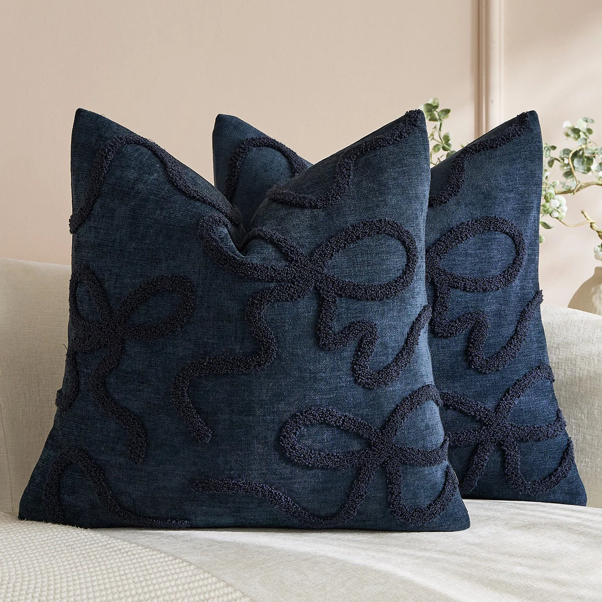 Pillow Cover Linen-Blend Raised Chenille Applique Hidden Zipper