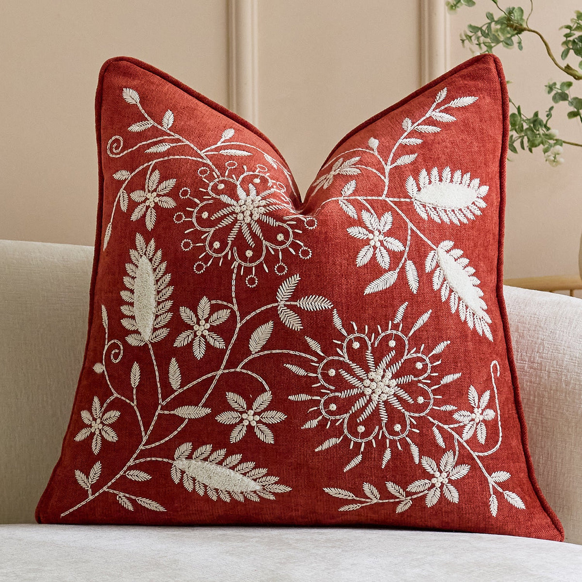 Pillow Cover Linen-Blend Raised Floral Embroidery Piped Edge