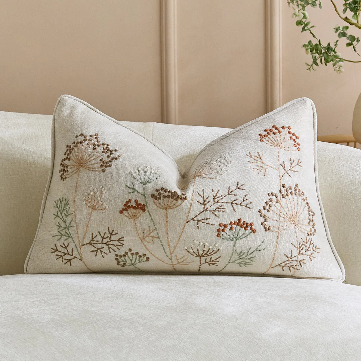 Pillow Cover Linen-Blend Raised Floral Embroidery Piped Edge