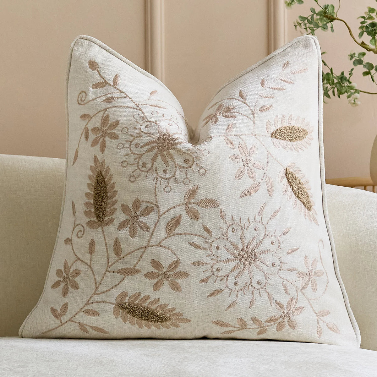 Pillow Cover Linen-Blend Raised Floral Embroidery Piped Edge