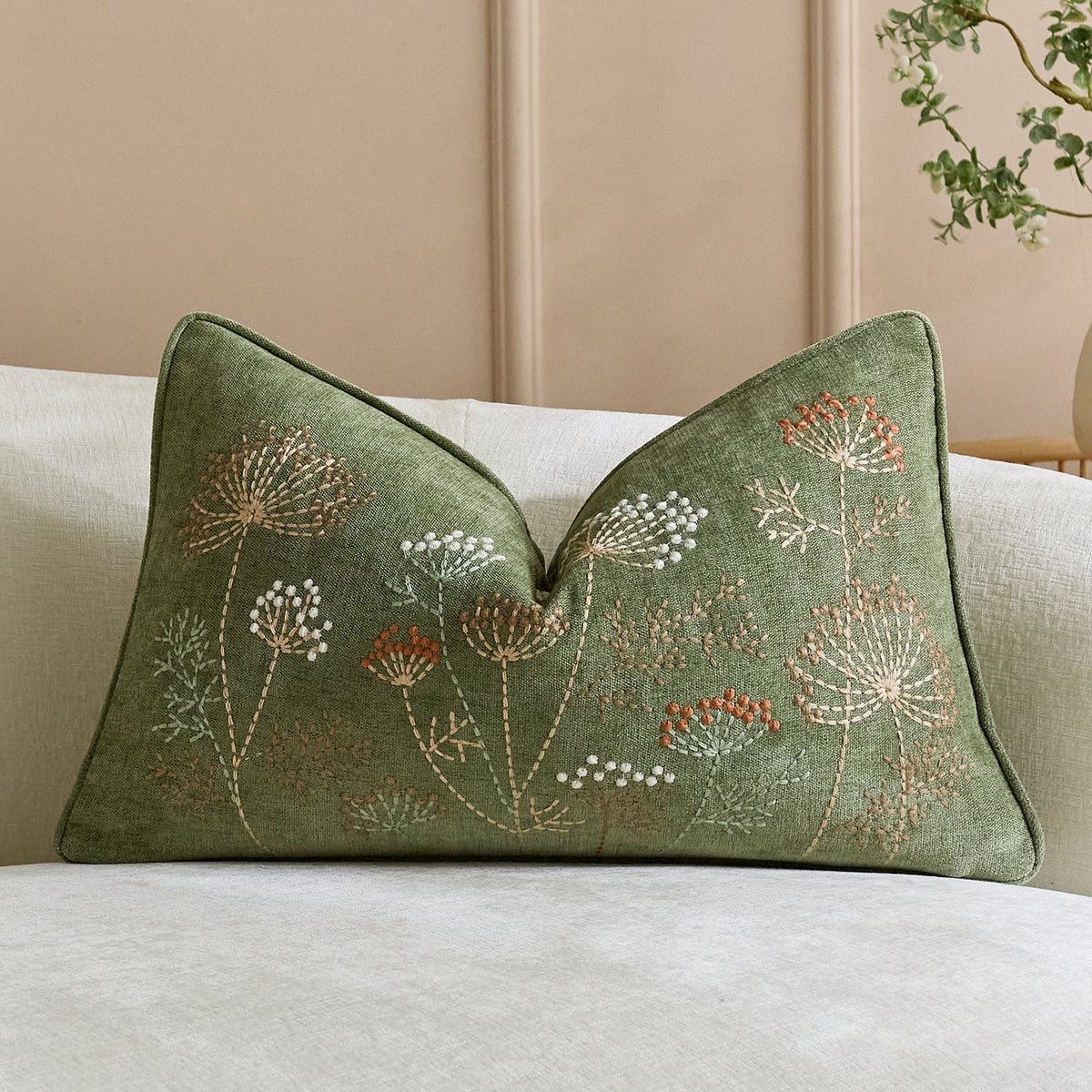 Pillow Cover Linen-Blend Raised Floral Embroidery Piped Edge