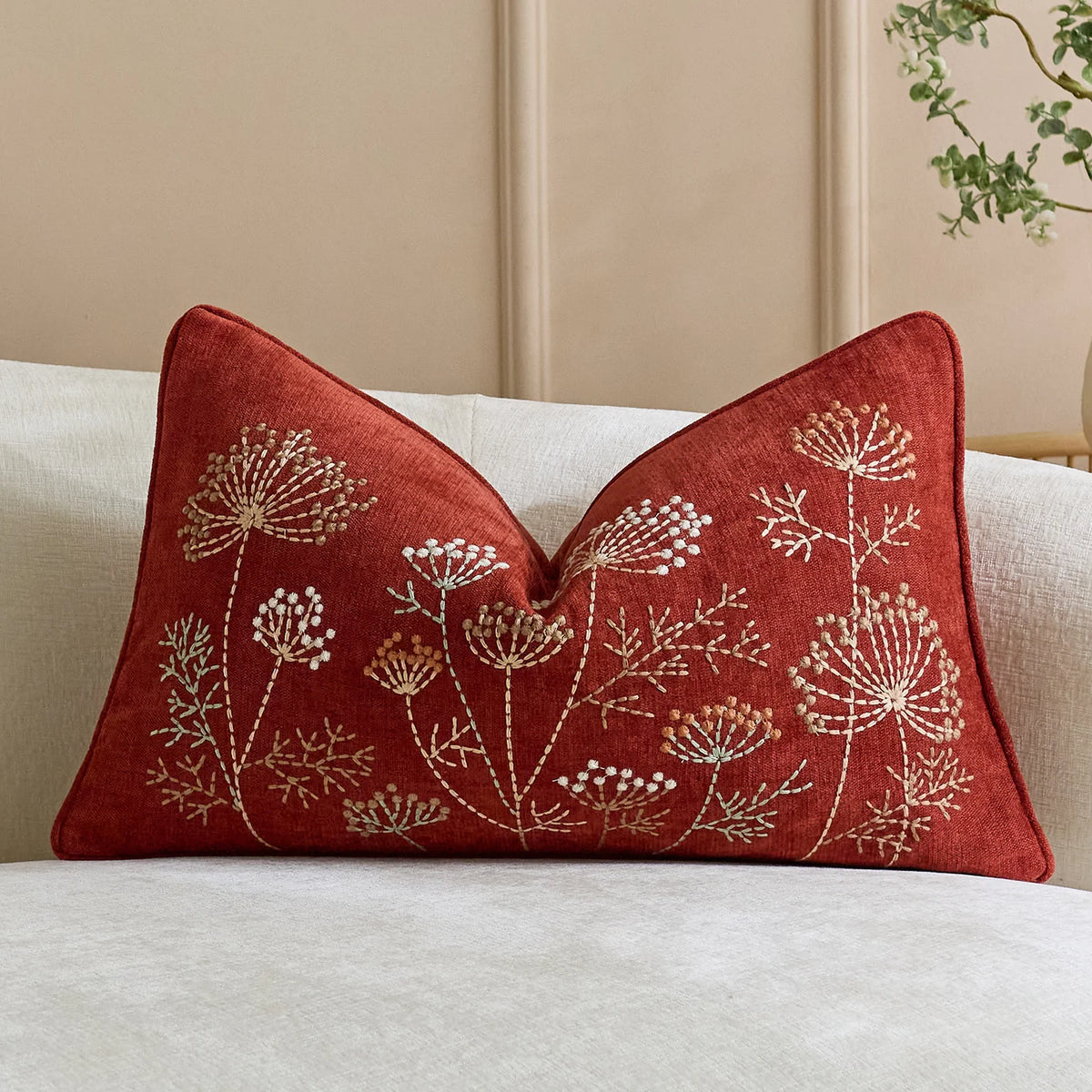 Pillow Cover Linen-Blend Raised Floral Embroidery Piped Edge