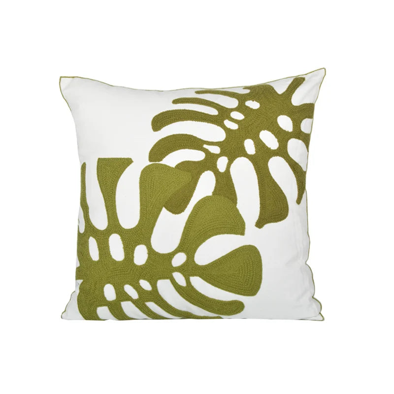 Pillow Cover Monstera Leaf Applique Hand-Finished Hidden Zipper