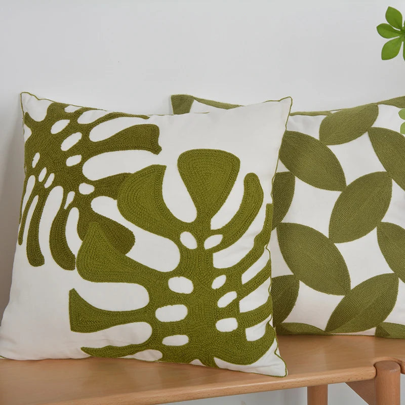 Pillow Cover Monstera Leaf Applique Hand-Finished Hidden Zipper
