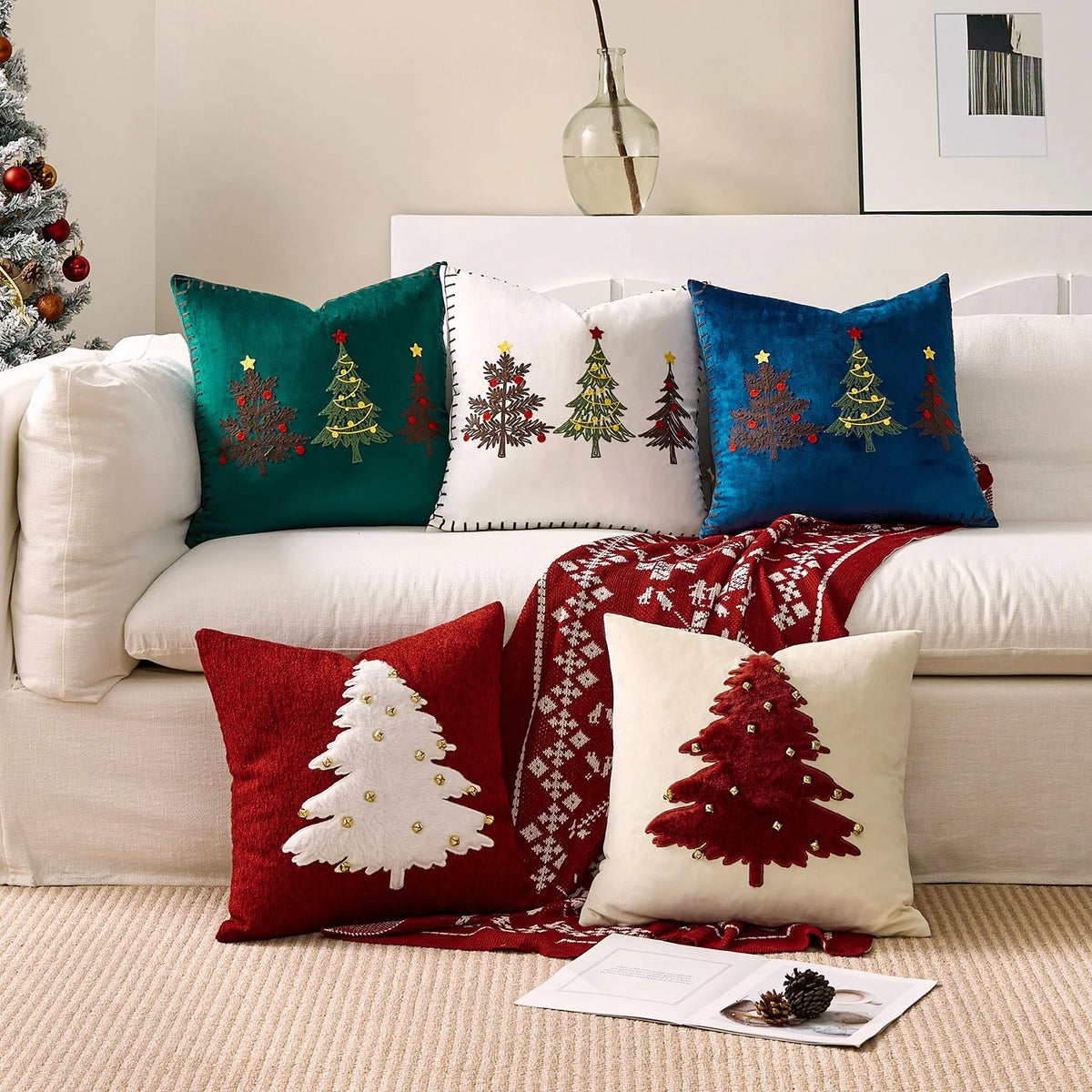 Pillow Cover Plush Velvet & Hand-Stitched Trees Hidden Zipper
