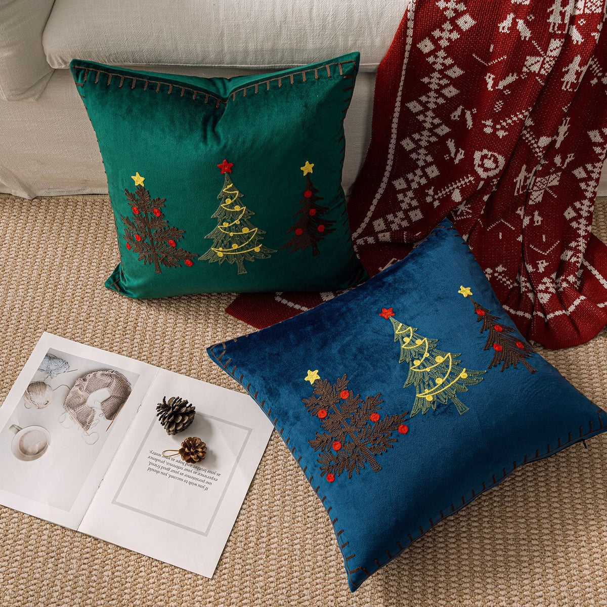 Pillow Cover Plush Velvet & Hand-Stitched Trees Hidden Zipper