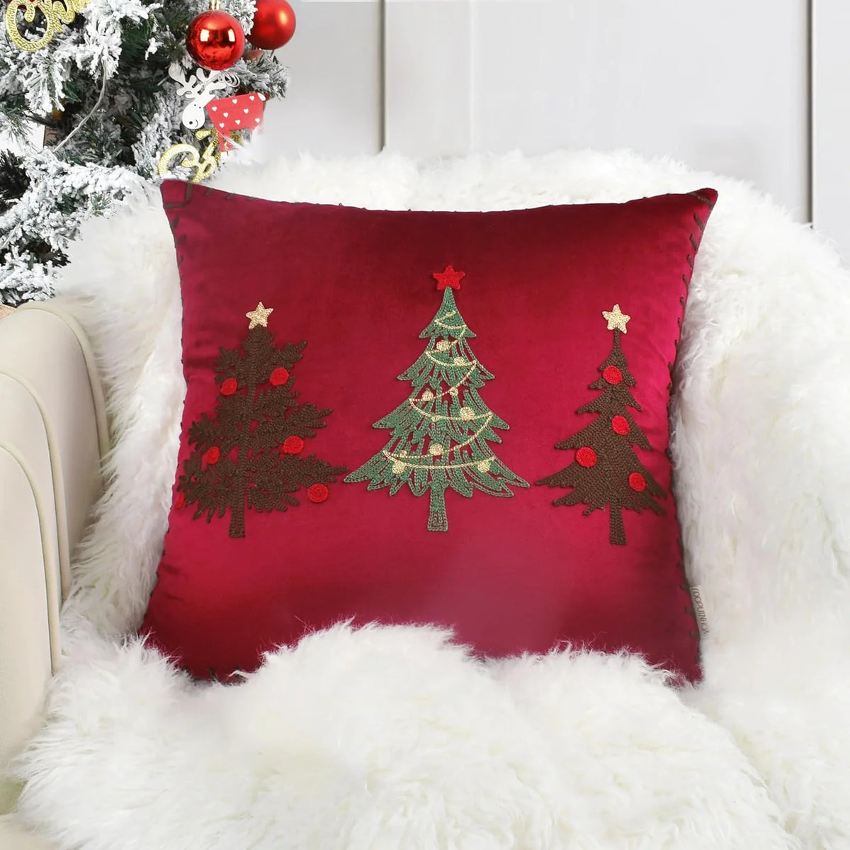 Pillow Cover Plush Velvet & Hand-Stitched Trees Hidden Zipper