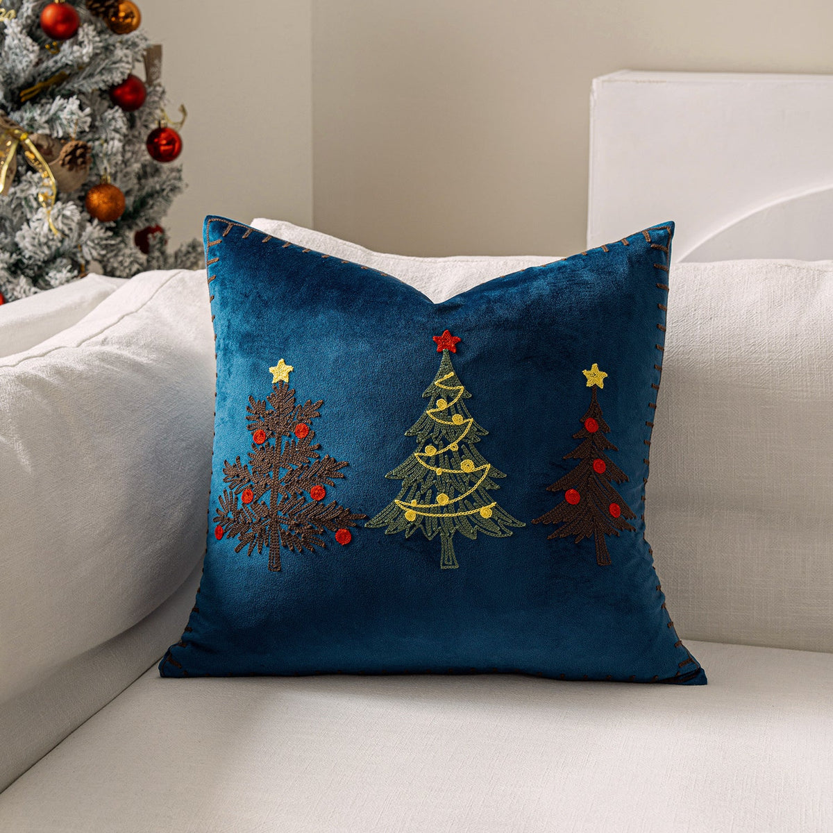 Pillow Cover Plush Velvet & Hand-Stitched Trees Hidden Zipper
