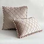 Pillow Cover Plush Velvet Raised Grid Tufting Pom-Pom Trim