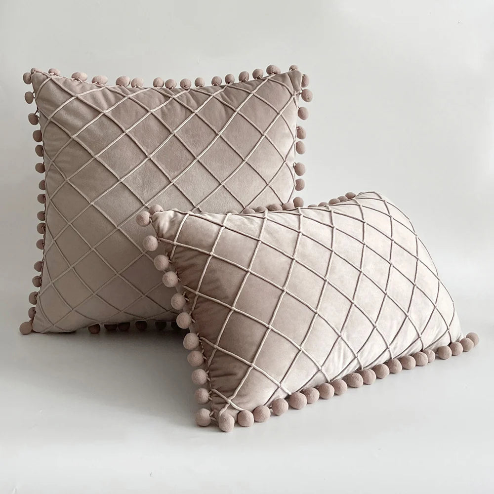 Pillow Cover Plush Velvet Raised Grid Tufting Pom-Pom Trim