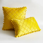 Pillow Cover Plush Velvet Raised Grid Tufting Pom-Pom Trim