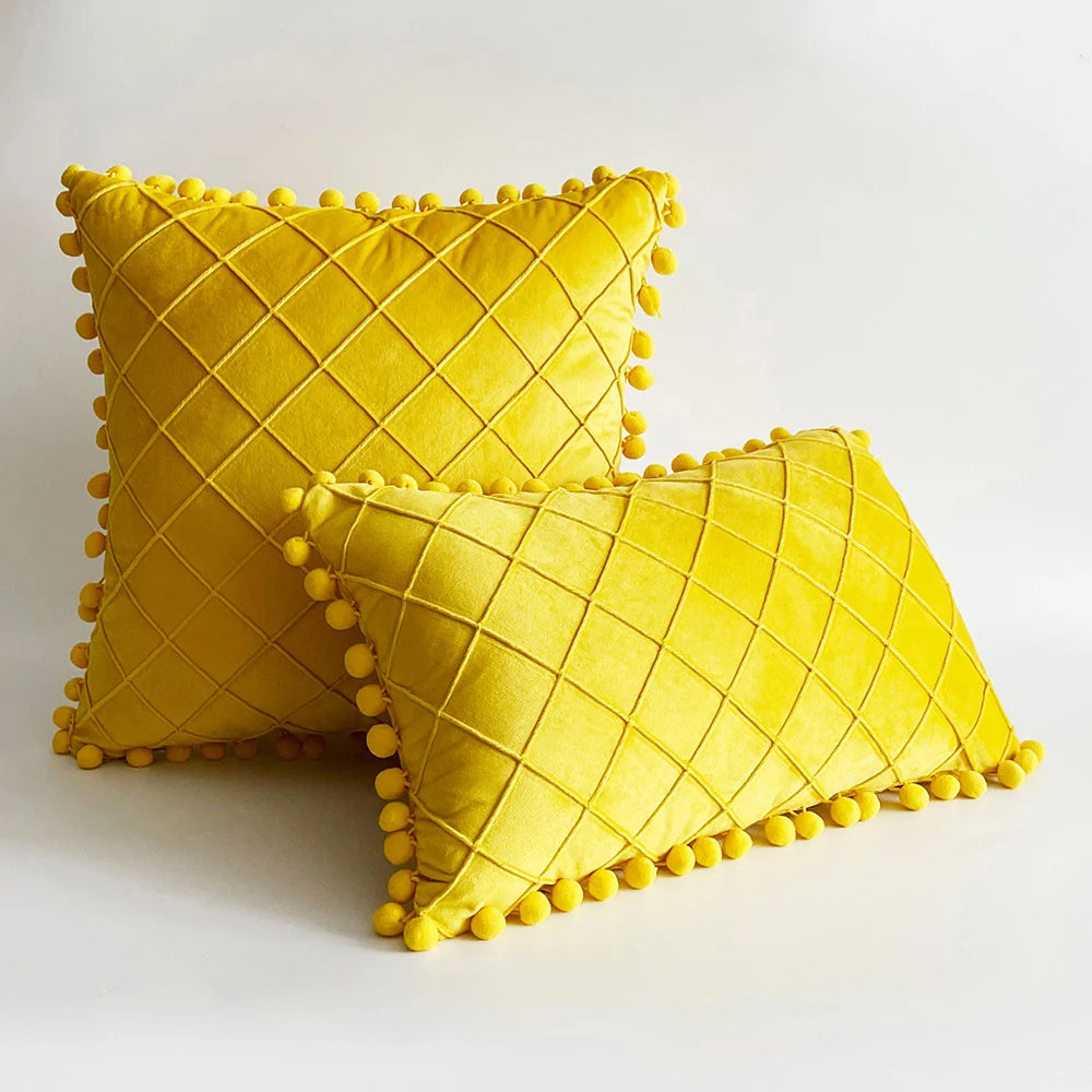 Pillow Cover Plush Velvet Raised Grid Tufting Pom-Pom Trim