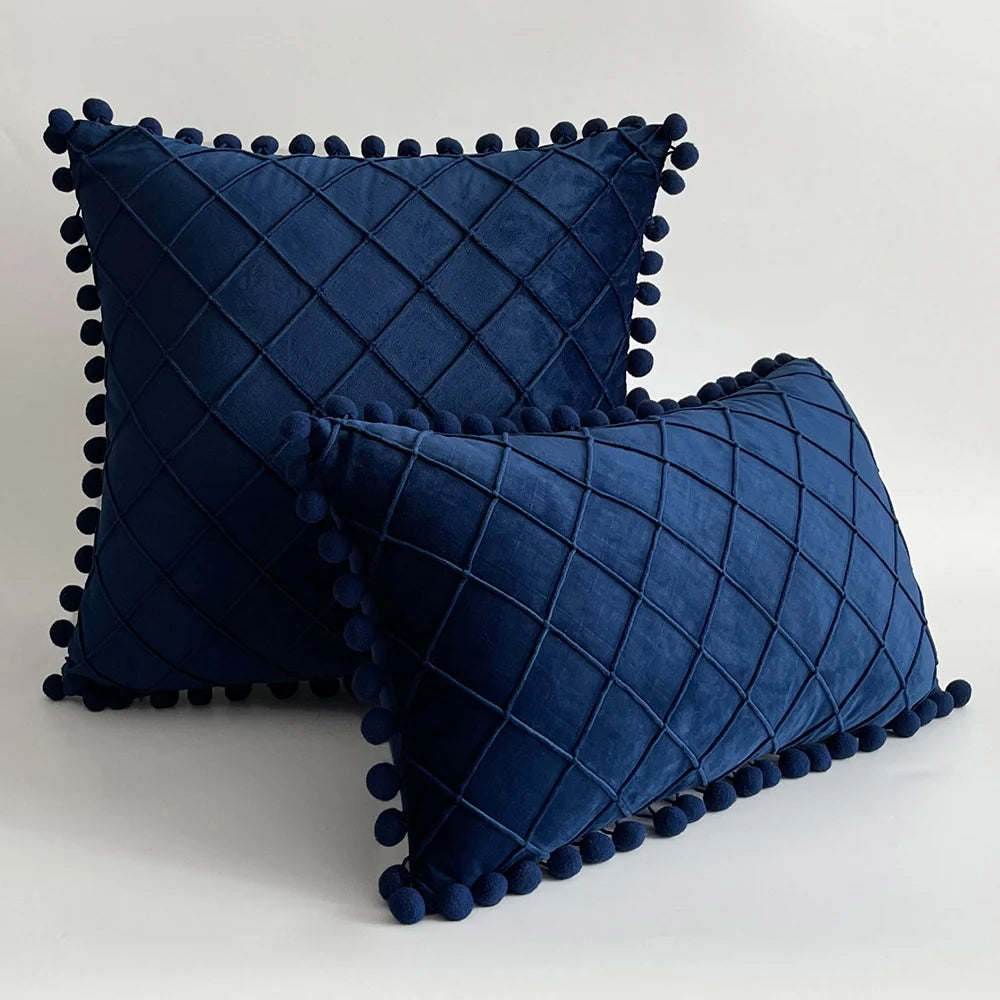 Pillow Cover Plush Velvet Raised Grid Tufting Pom-Pom Trim