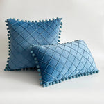 Pillow Cover Plush Velvet Raised Grid Tufting Pom-Pom Trim