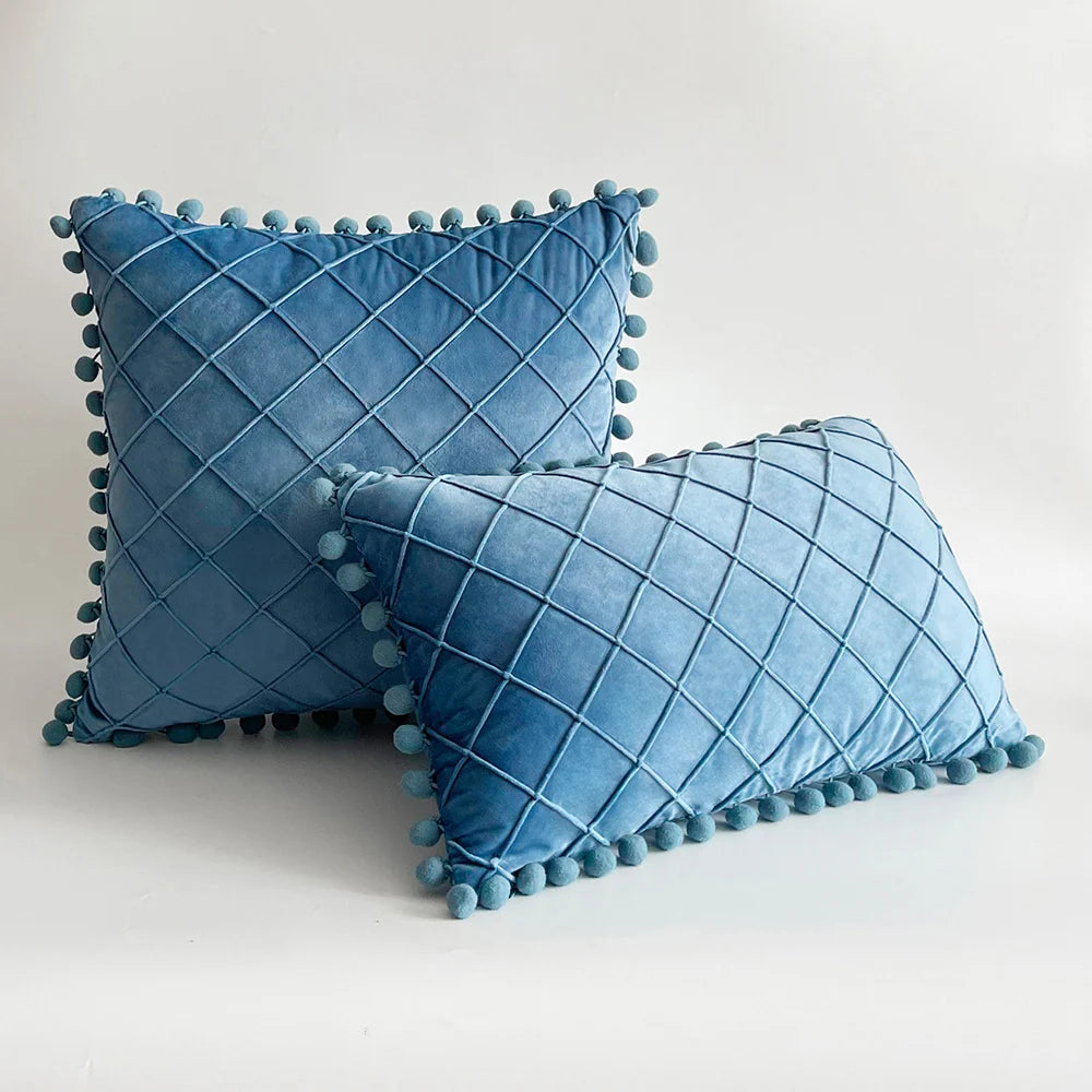 Pillow Cover Plush Velvet Raised Grid Tufting Pom-Pom Trim