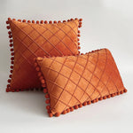 Pillow Cover Plush Velvet Raised Grid Tufting Pom-Pom Trim