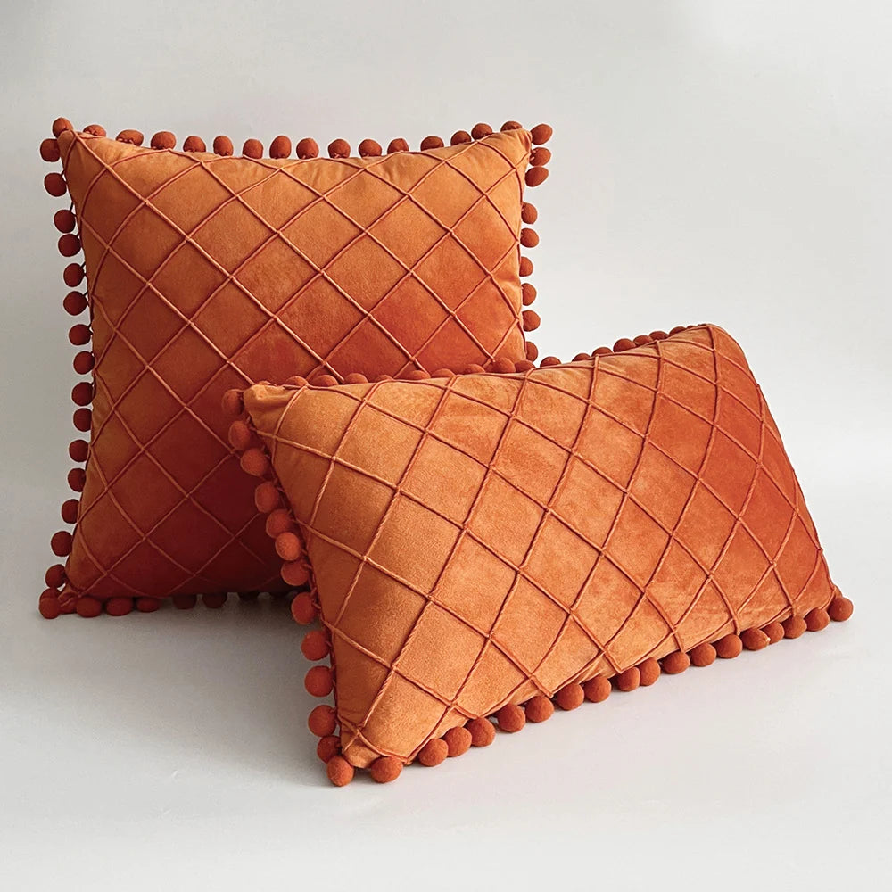 Pillow Cover Plush Velvet Raised Grid Tufting Pom-Pom Trim
