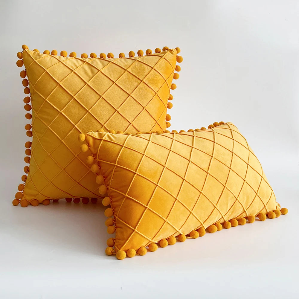 Pillow Cover Plush Velvet Raised Grid Tufting Pom-Pom Trim