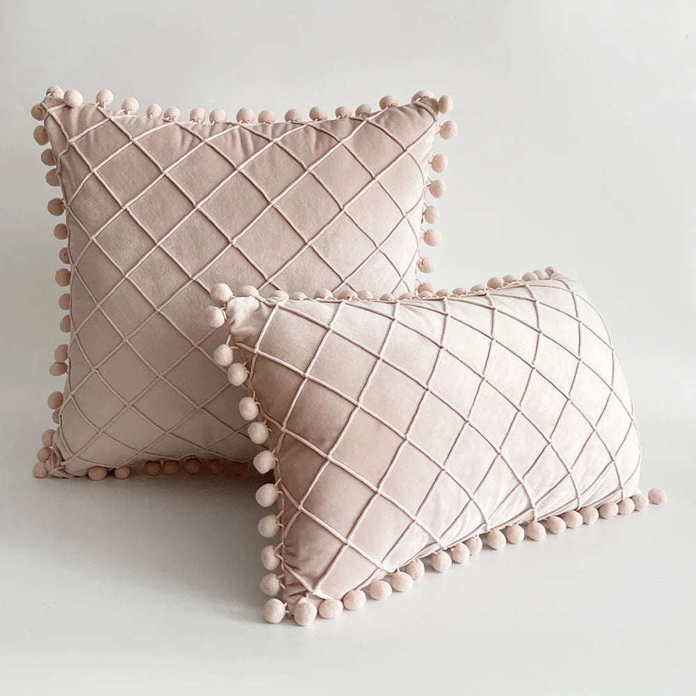 Pillow Cover Plush Velvet Raised Grid Tufting Pom-Pom Trim