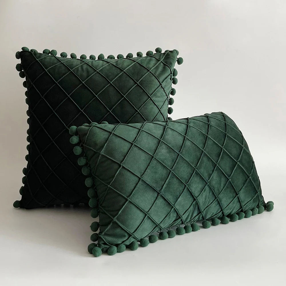 Pillow Cover Plush Velvet Raised Grid Tufting Pom-Pom Trim