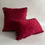 Pillow Cover Plush Velvet Raised Grid Tufting Pom-Pom Trim