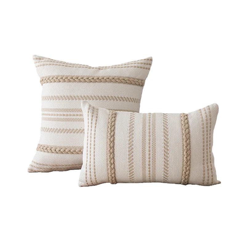 Pillow Cover Set Handwoven Cotton Braided Trim Concealed Zipper