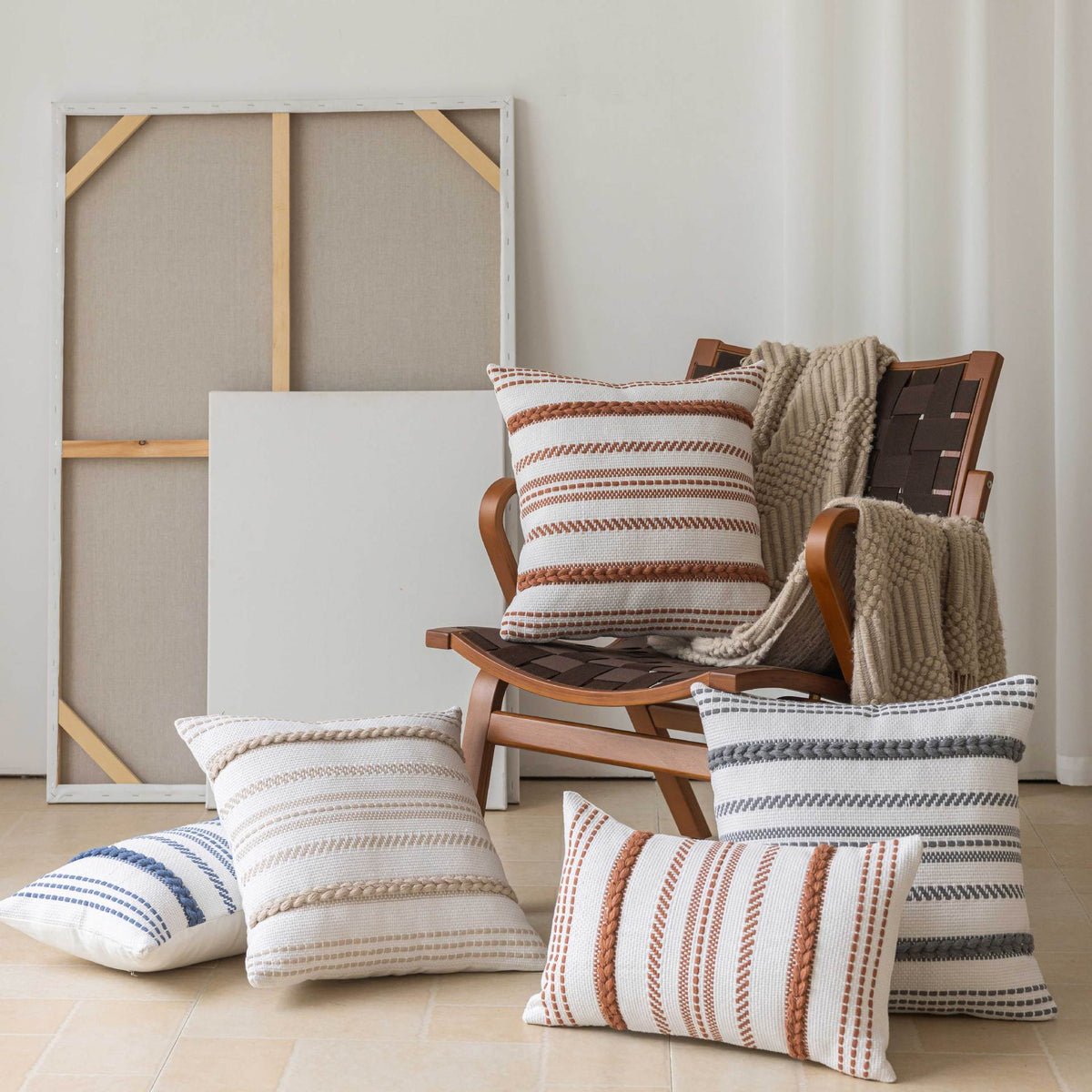 Pillow Cover Set Handwoven Cotton Braided Trim Concealed Zipper