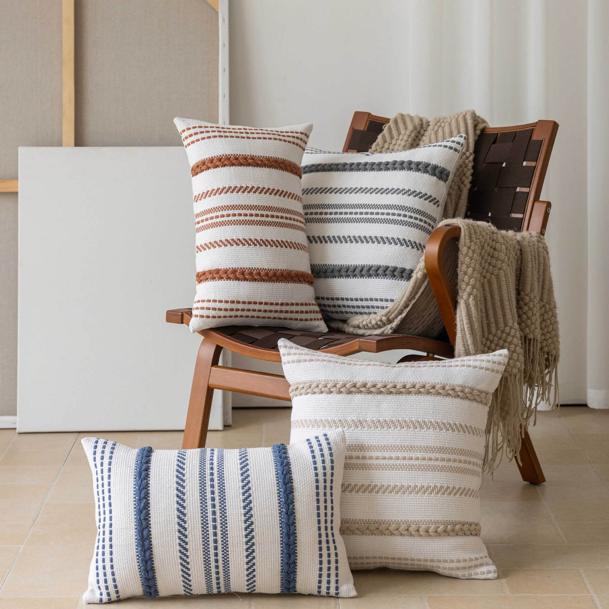 Pillow Cover Set Handwoven Cotton Braided Trim Concealed Zipper
