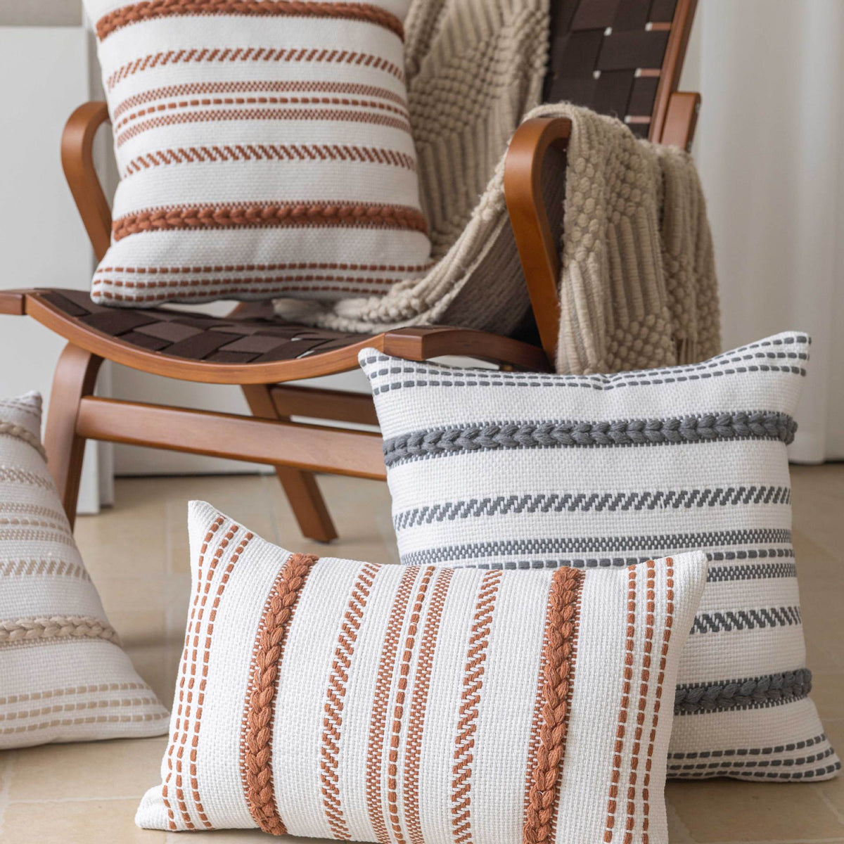 Pillow Cover Set Handwoven Cotton Braided Trim Concealed Zipper