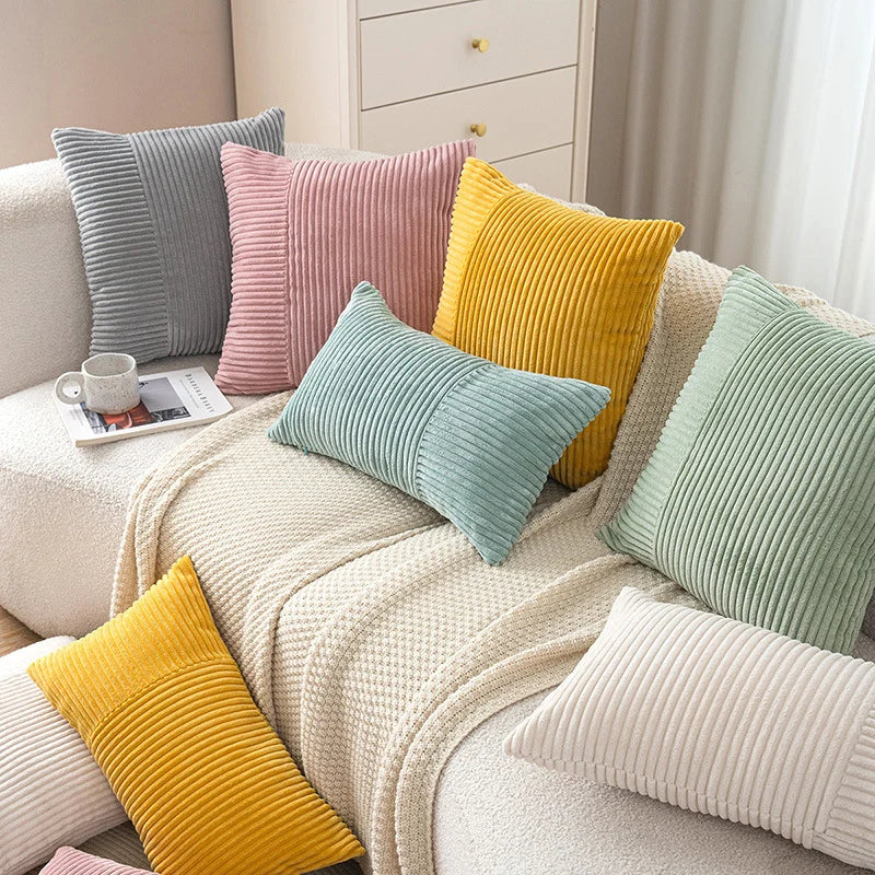 Pillow Cover Soft Corduroy Mixed-Rib Panels Concealed Zipper