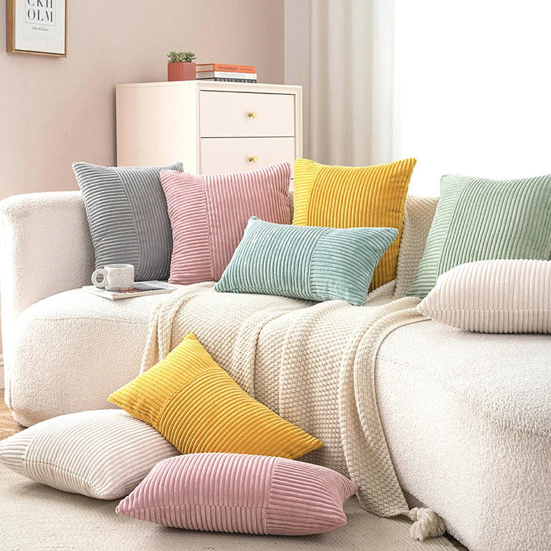 Pillow Cover Soft Corduroy Mixed-Rib Panels Concealed Zipper