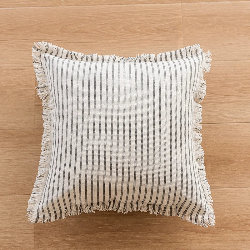 Pillow Cover Striped Cotton Fringed Edge Concealed Zipper