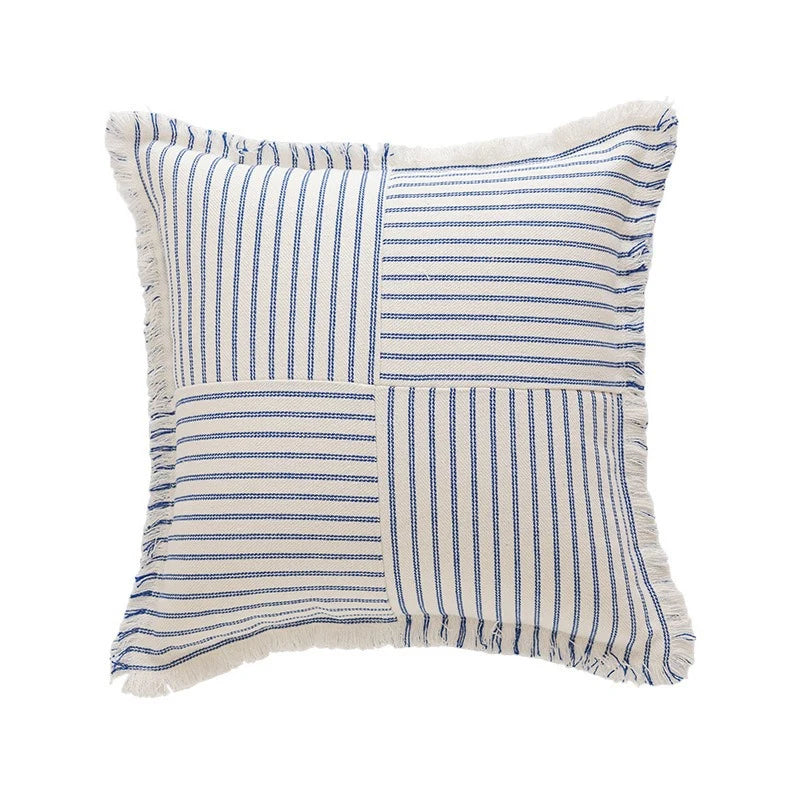 Pillow Cover Striped Cotton Fringed Edge Concealed Zipper