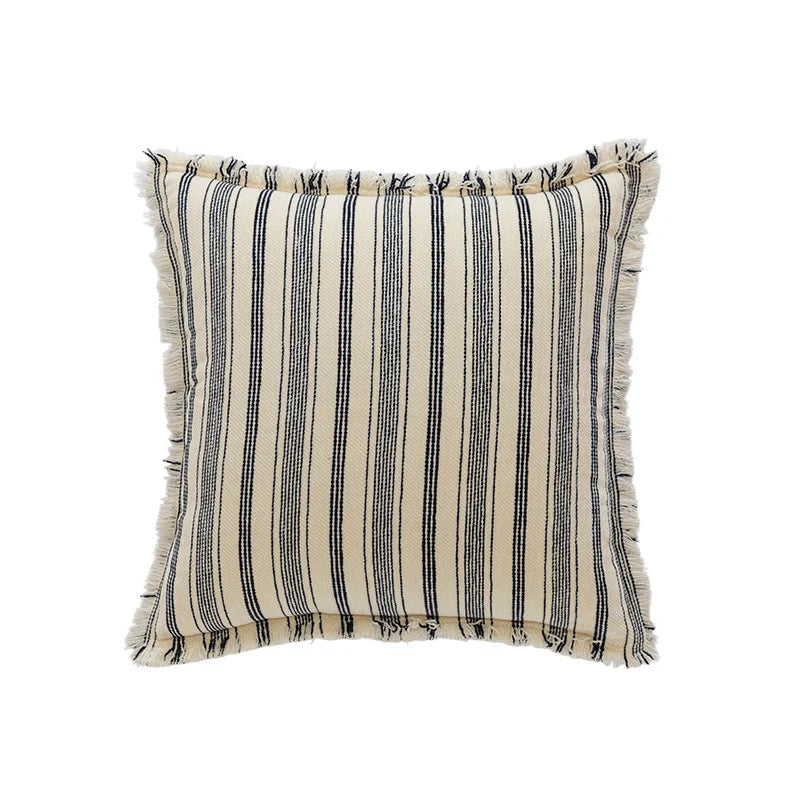 Pillow Cover Striped Cotton Fringed Edge Concealed Zipper