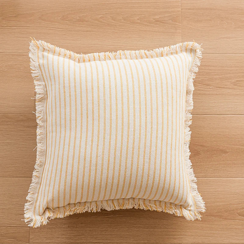 Pillow Cover Striped Cotton Fringed Edge Concealed Zipper