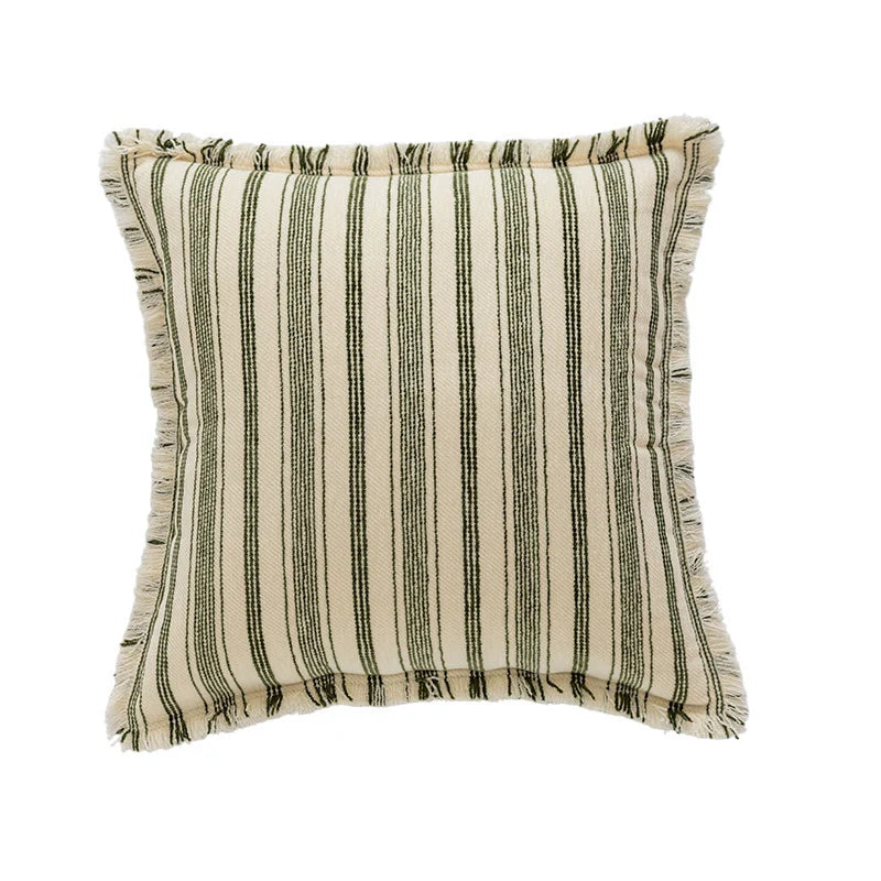 Pillow Cover Striped Cotton Fringed Edge Concealed Zipper