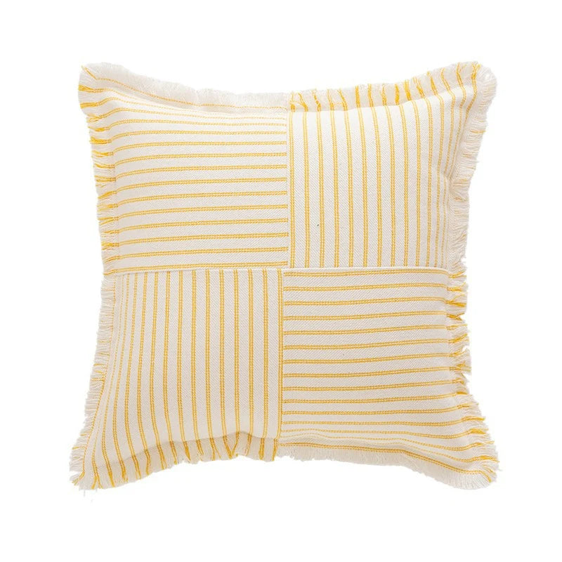 Pillow Cover Striped Cotton Fringed Edge Concealed Zipper