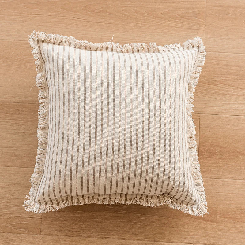 Pillow Cover Striped Cotton Fringed Edge Concealed Zipper