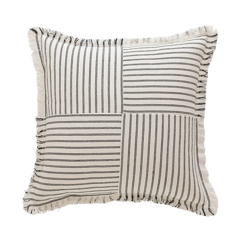 Pillow Cover Striped Cotton Fringed Edge Concealed Zipper