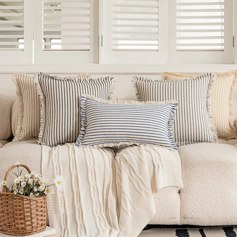 Pillow Cover Striped Cotton Fringed Edge Concealed Zipper