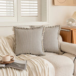 Pillow Cover Striped Cotton Fringed Edge Concealed Zipper