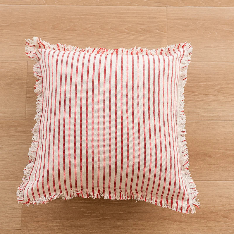 Pillow Cover Striped Cotton Fringed Edge Concealed Zipper