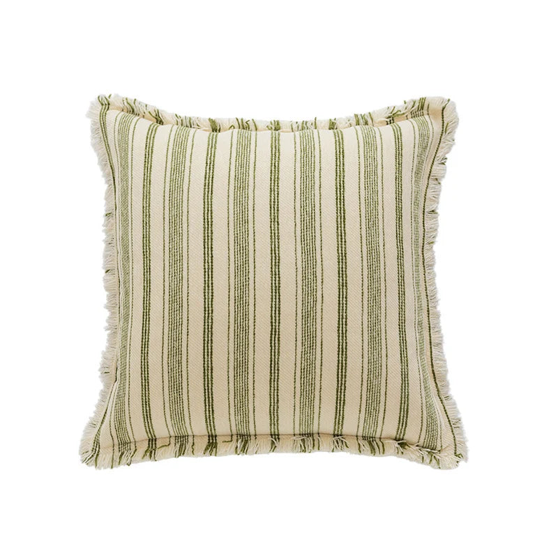 Pillow Cover Striped Cotton Fringed Edge Concealed Zipper