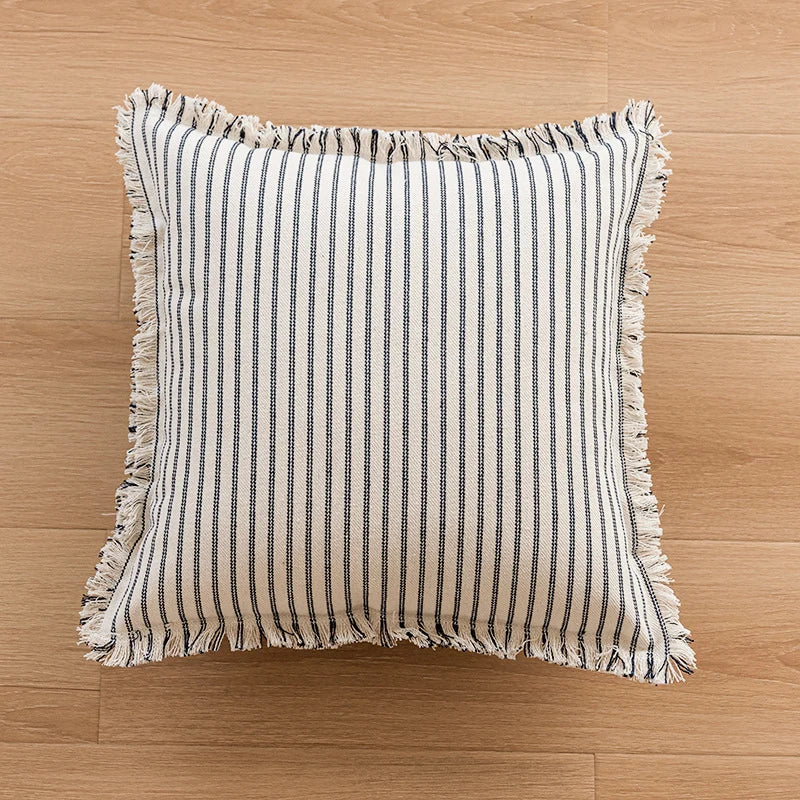 Pillow Cover Striped Cotton Fringed Edge Concealed Zipper