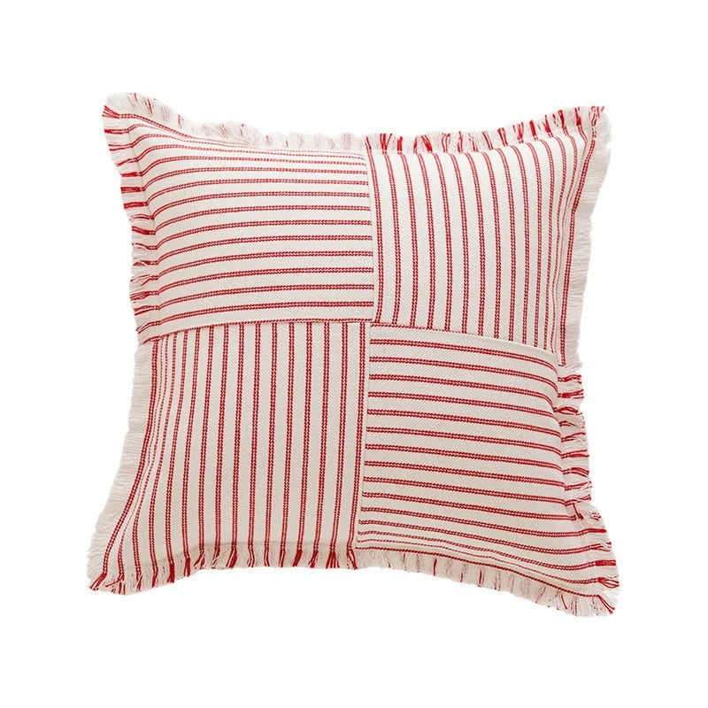 Pillow Cover Striped Cotton Fringed Edge Concealed Zipper