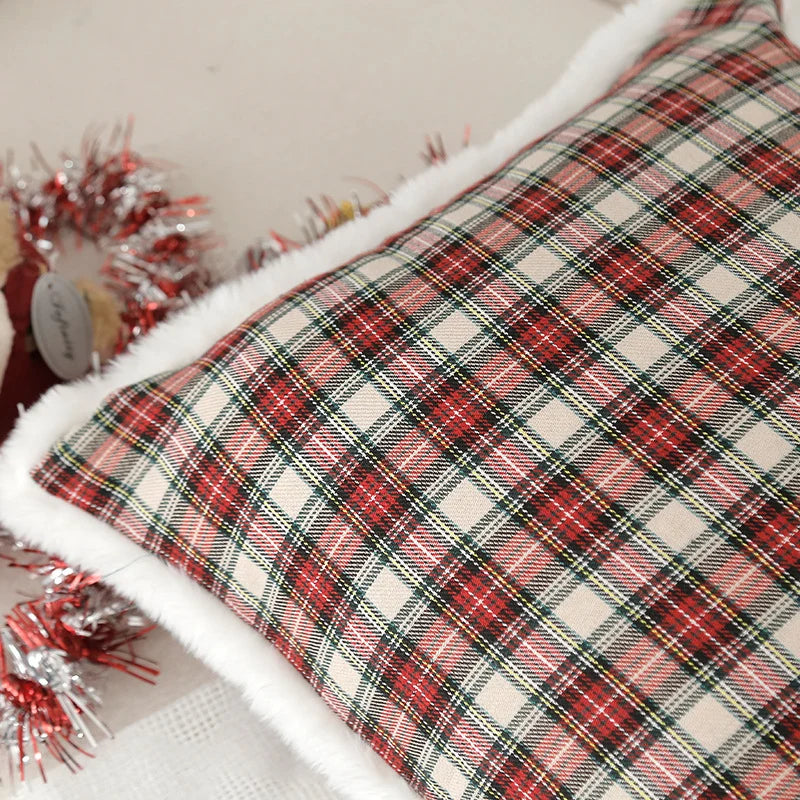 Pillow Cover Tartan Plaid & Embroidered Snowflake Hidden Zipper