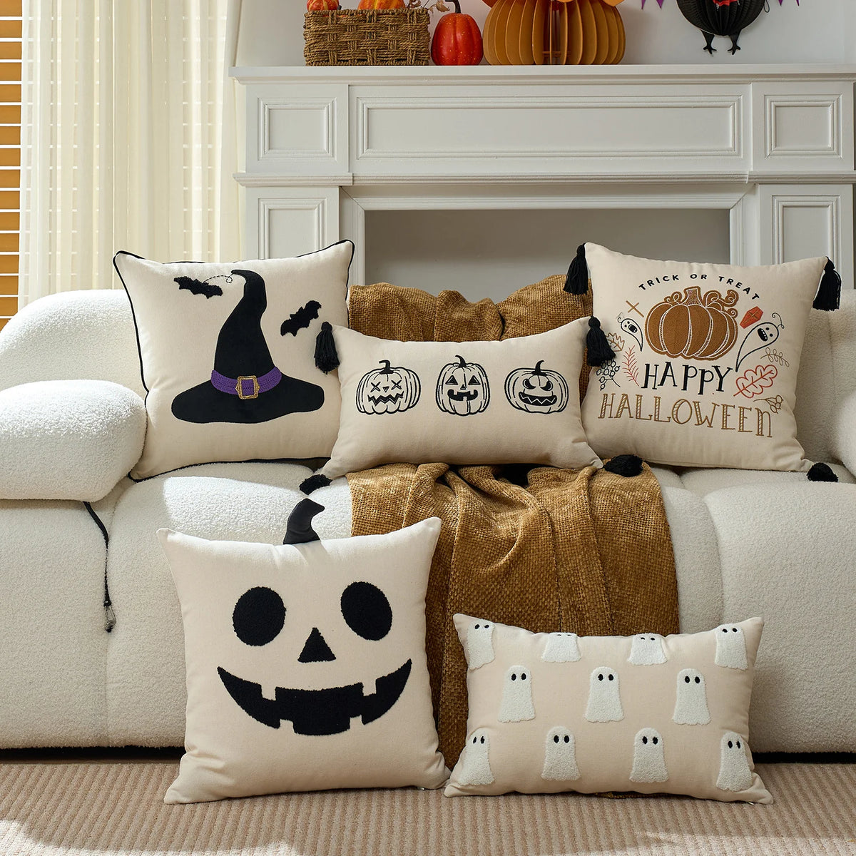 Pillow Cover Tufted Bouclé Appliqué Cotton-Linen Hidden Zipper